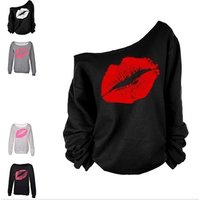 Casual Lips Print One Shoulder Hoodie Sweat T Shirt