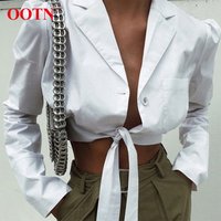 OOTN Female Summer Tops 2019 Streetwear Button Down Long Sleeve Belted Tunic Blouse Women White Shirt Sexy V Neck Wrap Crop Top