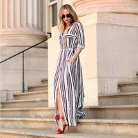 Striped Chiffon Maxi Dress Pockets