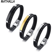Newest Designs Stainless Steel Plain Blank Charm Bar Bracelet Black PU Leather Bracelet Bangle Homme