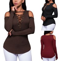 Off Shoulder Cross Lace Deep V Neck Long Sleeve Blouse