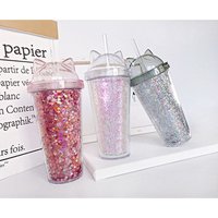 Super Cute Cat Ears Plastic Drinking Cups With Straw Leak Proof Outdoor Portable BPA Free Plastic Bottle