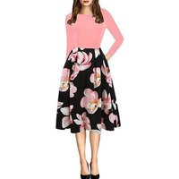 Elegant Floral Printed Long Sleeve Umbrella Skirt Dress