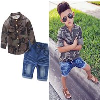 Camouflage Long Sleeve Top & Denim Shorts Set