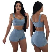 Denim Strap Crop Top Shorts Two Piece Set