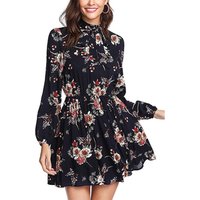 Autumn Multicolor Elegant Long Sleeve High Waist A Line Chic Dress Ladies Tie Neck Dress Floral Women Dresses