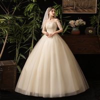New Favorable Light Champagne Simple Half Sleeve Round Neck Floor Length Bride Use Ball Gown Plus Size Silhouette Wedding Dress
