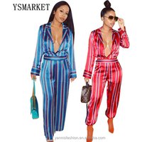 Stripe Jumpsuit Long Sleeves Lapel V Neck