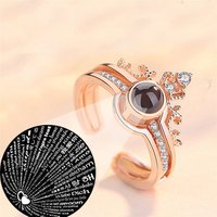 Hot Sale Rose Gold Color Jewelry Crown Ring 100 Languages "I Love You" Projection Adjustable Ring For Girls