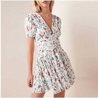 Pleated Chiffon Short Sleeve V Neck Dress