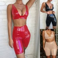 European style women two pieces pants sets 2019 spring new sexy bra vest and skinny short pu pants set