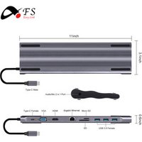 Fengshou usb c hub 11 in 1 with RJ45 Ethernet,DP,4K HD-MI,VGA,SD/TF,3 USB3.0 and Audio for Macbook /aluminum type c hub 11 in 1