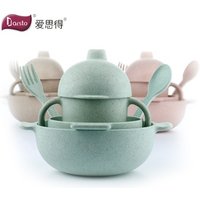 Natural Wheat Fiber Baby Bowl with Spoon Non Toxic Self-Feeding Light-Weight Kids BPA Free Children Tableware Dinnerware Set