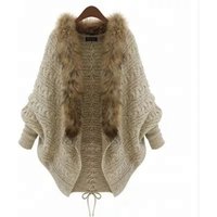 Warm Batwing Sleeve Knitted Cardigan Fur Trim