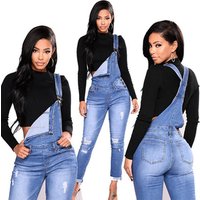 Ripped Denim Jumpsuit Elastic Bib Pants
