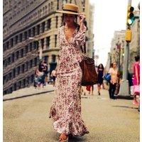 Printed Cotton Bohemian Long Dress Lantern Sleeves