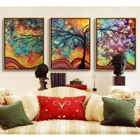 Triptych Oil Painting Modern Canvas Picture Tree Pattern Wall Decoration for Living Room