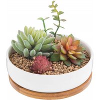 6.2 Inch Modern White Decorative Garden Flower Holder Pot Ceramic Succulent Cactus Plant Pot with Drainage Bamboo Tray