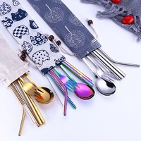 18/8 stainless steel travel cutlery set include Metal fork, spoon, straw and chopsticks BPA Hot set of 6