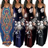 A98009 Fashion Women Clothing 2019 Casual Loose Spaghetti Strap Basic Maxi Floral Printed Beach Long Club Dresses