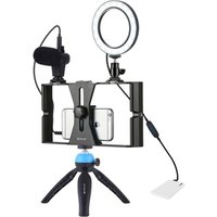 PULUZ 4 in 1 Vlogging Live Broadcast Video Rig + 4.6 inch Ring LED Selfie Light with Microphone for iPhone Xiaomi Huawei Phones