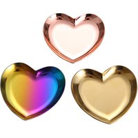 golden plated Stainless Steel Heart-Shaped Jewelry Tray Dish Cute Creative Mini Ring Necklace Display Plate