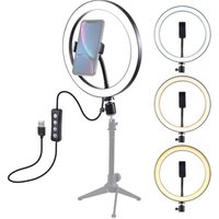Latest PULUZ 10 inch USB 3 Modes Dimmable LED Ring Vlogging Selfie Photography Video Lights with Tripod Ball Head & Phone Clamp