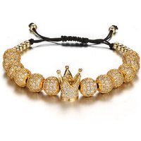 Luxurious Elastic Copper Bead 8mm Micro Pave CZ Imperial Crown Charm Braided Macrame Bracelet
