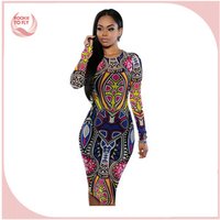 African Print Long Sleeve Bodycon Dress