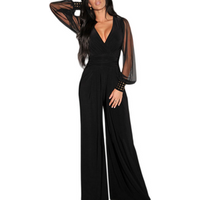 Women's Long Mesh Sleeves Plunge V Neck Jumpsuit