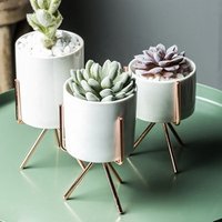 White Garden Ceramic Desktop Planter Succulent Plant Pot Iron Metal Round Stand Holder Bonsai Pots Flowerpot Set