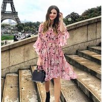 Chiffon Bell Sleeve Floral Print V Neck Dress