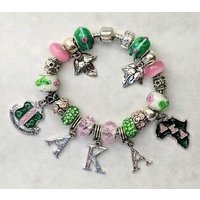 Alpha Kap Alpha Silver Charm Bracelet AKA Sorority Jewelry Green & Pink