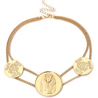 Simple Vintage Carved Coin Pendant Gold Necklace Statement Face Goddess Egypt Pharaoh Collar Chain Necklace Women