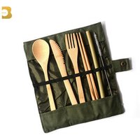 outdoor Camping Flatware Set with Travel Pouch Knife Fork Spoon and Chopsticks Straw reusable portable bamboo cutlery set