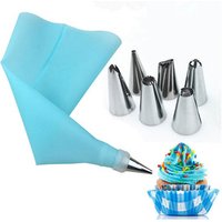 Silicone Kitchen Accessories Icing Piping Cream Pink Pastry Bag + 6 Stainless Steel Nozzle DIY Cake Decorating Tips