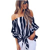 Off Shoulder Bell Sleeve Striped Blouse