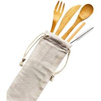 Bamboo Wooden Flatware Set of 5-piece Tableware with Pouch for Camping Travel Picnic Office or Home Fork Spoon Chopsticks