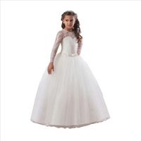 HYC07 Flower Girl's Birthday Long Sleeve Lace Stitching Dress Elegant Girl's Wedding Long White Butterfly Lace Night dress