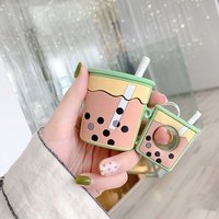 OEM custom headphone cover earphone EVA Silicone 3D stereo feel Pearl milk tea pattern for Airpods Case with finger ring
