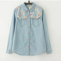 Long Sleeve Embroidered Denim Blouse