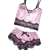 Factory price fashion design spring summer lace V neck sleepwear short 2 pieces sexy women satin pajamas sets