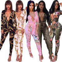 African Print V Neck Bodycon Jumpsuit