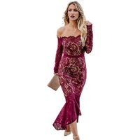 New Design Off Shoulder Long Sleeve Lace Sexy Evening Dresses