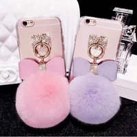 DIY Cute Fur Ball Cell Phone Case for iPhone Xs Max Xr 8 plus for Apple iPhone 7 Girl Protective Case Bow