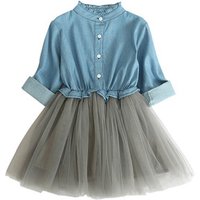 2019 spring denim stitching baby mesh princess long sleeve dresses children's wear