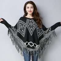 Crew Neck Diamond Embroidery Tassel Knit Poncho