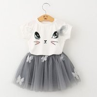 90-130cm Girls Clothing Sets Summer Fashion Kids Cartoon Kitten Printed T-Shirts+Net Veil Skirts Set Cute Casual EAZ172