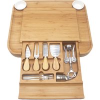 bamboo cheese board with knives and bowls