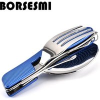 Hot Wholesale camping cutlery 3 in 1 portable folding cutlery set stainless steel tableware set gift travel spoon fork knife